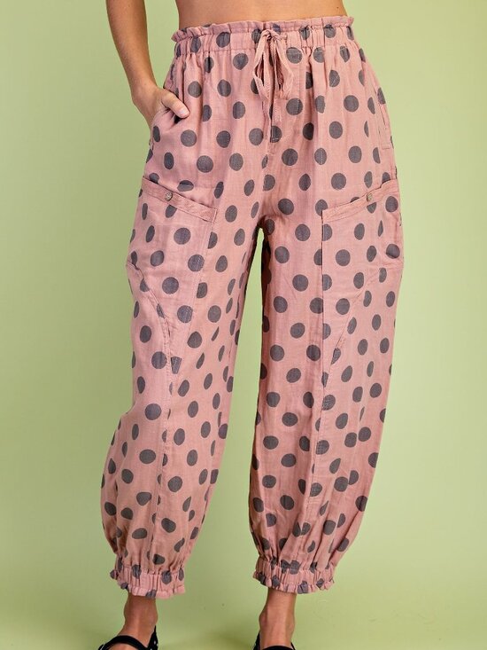 Gigio Pants - Gigio Dusty Pink Polkadot Gathered Ankle Parachute Pants